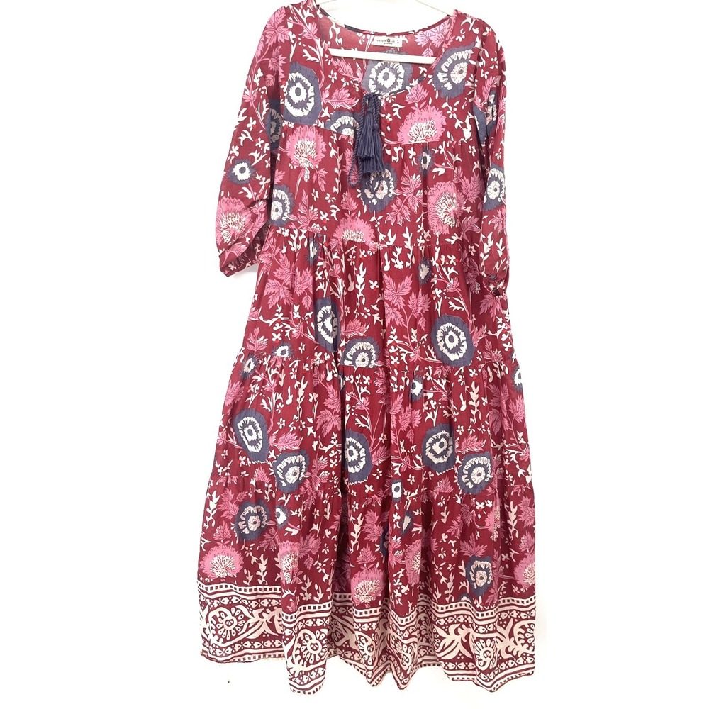 Natural Life Red & Blue floral maxi long flowy dress boho hippy scandi chic L